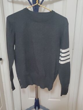Men's Charcoal Crewneck Sweater with White Sleeve Stripes